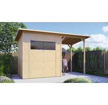 Houten tuinhuis met ramen en afdak