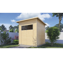 Houten tuinhuis met raam in de tuin