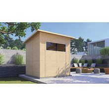 Houten tuinhuis met raam in de tuin