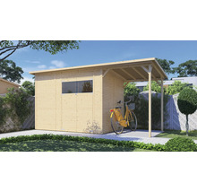 Houten tuinhuis met overkapping en fiets in de tuin
