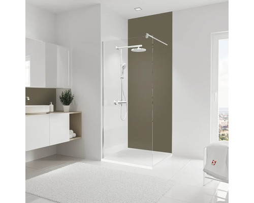 SCHULTE Douche-achterwandset DecoDesign bruin 255x90 cm Moderne badkamer met douchecabine, wastafel en wit vloerkleed.