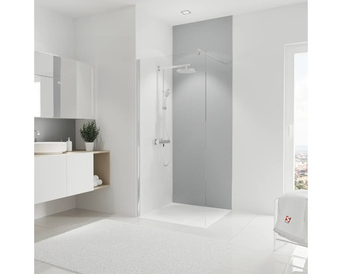 SCHULTE Douche-achterwandset DecoDesign grijs 255x90 cm Badkamer met douchecabine, wastafel en wit tapijt