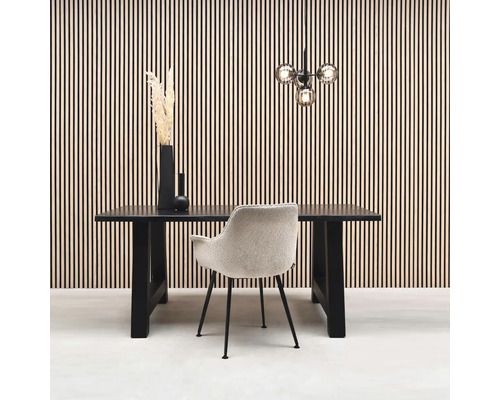 Eetkamer met eettafel, stoel en decoratie voor een wandbekleding.