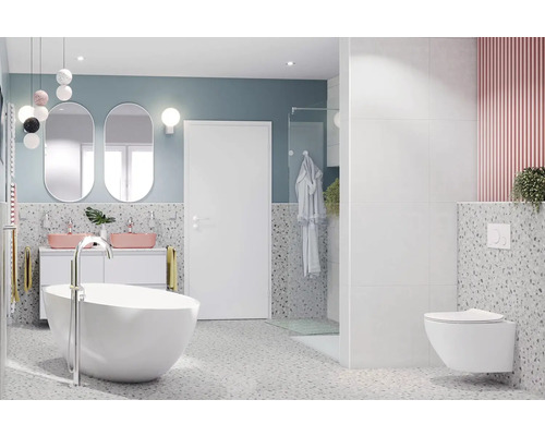 Moderne badkamer met vrijstaand bad, wastafelmeubel met twee wastafels en wandcloset