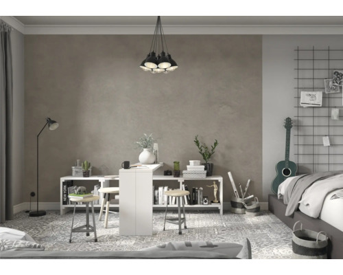 Studeerkamer met bureau, planken en decoratieve elementen.