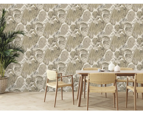 Eetkamer met eettafel en behang met plantenmotief