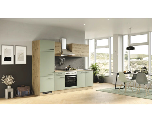 FLEX WELL Keukenblok Cara groen eiken 270 x 60 cm Lichte keuken met boven- en onderkasten en een eettafel in de eetkamer.