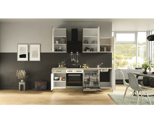 Moderne keuken met inbouwkasten, afzuigkap, spoelbak, vaatwasser en elektrisch fornuis.
