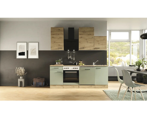 FLEX WELL Keukenblok Cara groen eiken 220 x 60 cm Complete keuken met hangkasten, afzuigkap en inbouwapparatuur in een helder, modern design.