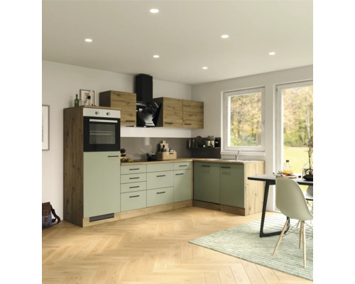 FLEX WELL Hoekkeuken Cara groen eiken 280 x 60 cm Lichte, moderne keuken met houten accenten en groene kastfronten, inclusief oven en afzuigkap.