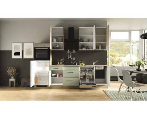 Complete keuken met ingebouwde apparatuur, kasten, gootsteen, vaatwasser en afzuigkap.