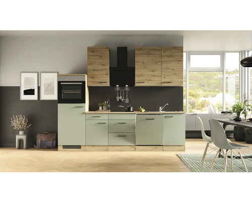 FLEX WELL Keukenblok Cara groen eiken 280 x 60 cm Lichte keuken met hangkasten, gootsteen en apparatuur