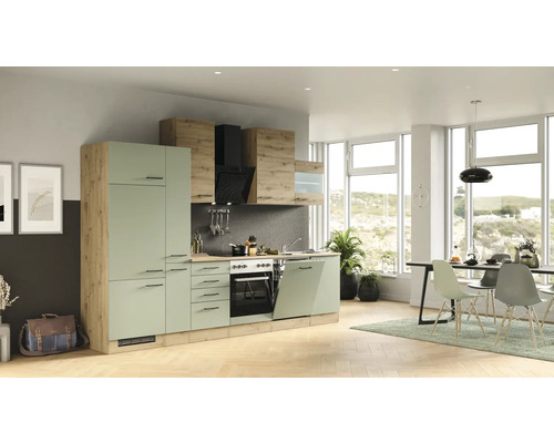 FLEX WELL Keukenblok Cara groen eiken 310 x 60 cm Lichte keuken met eettafel en grote ramen.