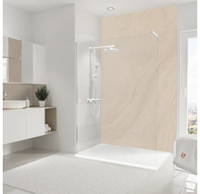 Lichte badkamer met douchecabine, wastafel en wit tapijt