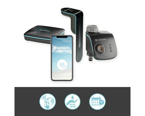 Gardena Smart System set met gateway, sensor, besproeiingscomputer en smartphone