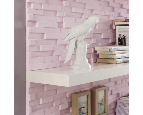 Wandplank met decoratieve objecten en boeken voor een bakstenen muur