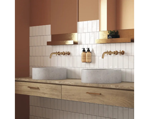 Badkamer met twee ronde wastafels, kranen, planken en witte tegels