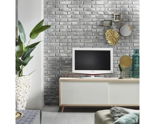 Woonkamer met televisie, dressoir, kamerplant en decoratie aan een bakstenen muur