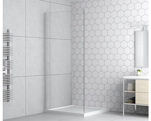 Lichte badkamer met douchecabine, wastafel en radiator