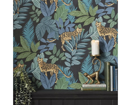 Behang met jungle motieven en luipaarden