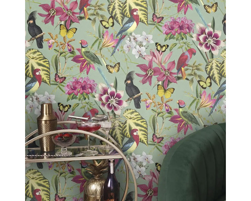 Behang met bloemen, papegaaien en vlinders