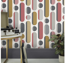 Behang met geometrisch patroon, platenspeler en kamerplant