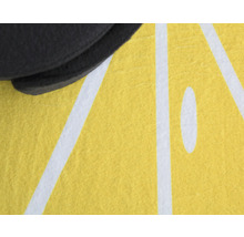 Detailopname van een gele mat met wit citroenpatroon en zwarte rand