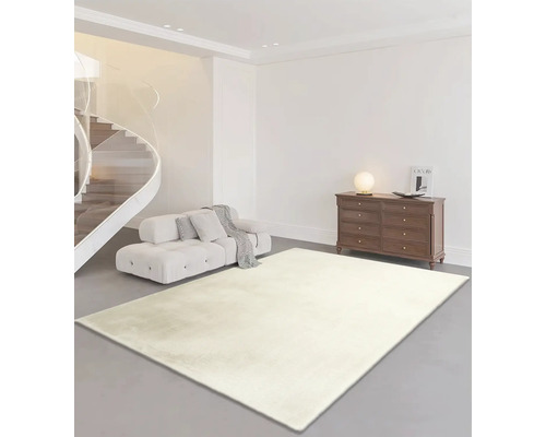 Lichte woonkamer met bank, commode en rechthoekig tapijt