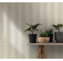 Kamerzicht met gestreepte wallpaper, planten in potten en decoratieve flessen