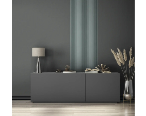 Woonkamer met dressoir, lamp, decoraties en verticale wandpanelen