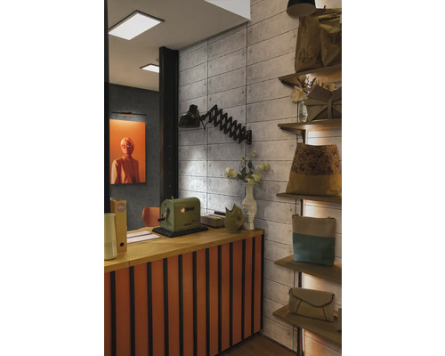 Interieur met toonbank, lamp en rekken met goederen
