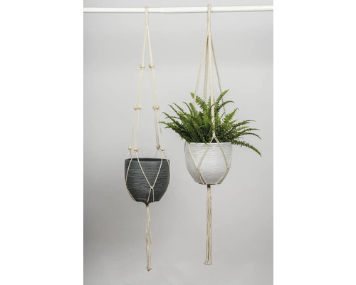 Twee hangende bloempotten met macramé houder