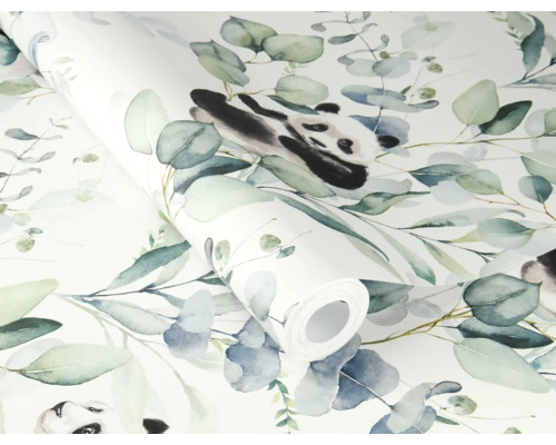 Behangrol met panda en eucalyptus motief