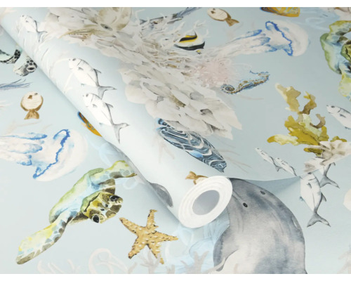 Rol behang met maritiem thema, inclusief dolfijnen, kwallen, vissen, zeesterren en schildpadden