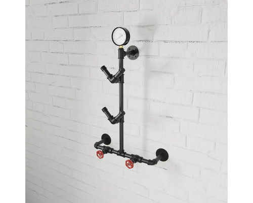 Wijnflessenhouder voor wandmontage in industrieel ontwerp met manometer en ventielen