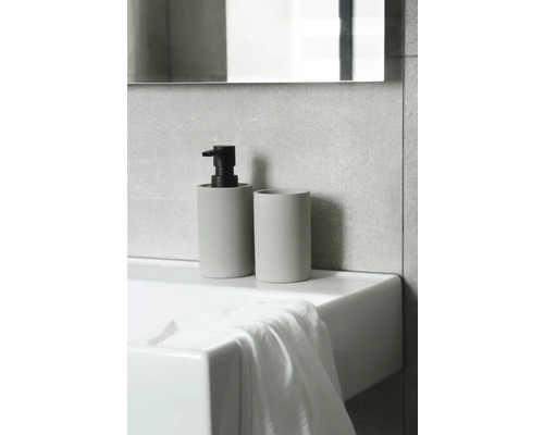 Zeepdispenser en tandenborstelbeker op een wastafel in de badkamer.