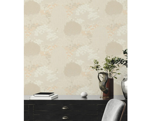 Behang met bloemmotief in beige tinten