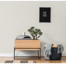 Woonkamer met plant, decoratieve objecten en tekstboodschap aan de muur