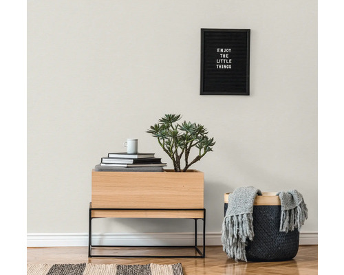 Woonkamer met plant, decoratieve objecten en tekstboodschap aan de muur