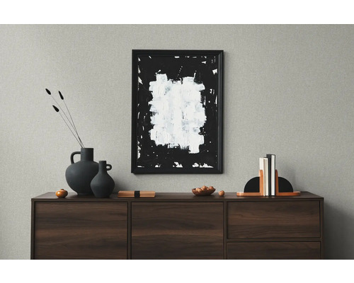 Decoratieve woonkamer met dressoir, vazen en ingelijst abstract schilderij