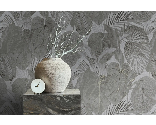 Decoratief behang met plantenpatroon, vaas, klok en decoratie