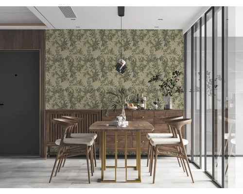 Eetkamer met eettafel, stoelen en bloemenbehang