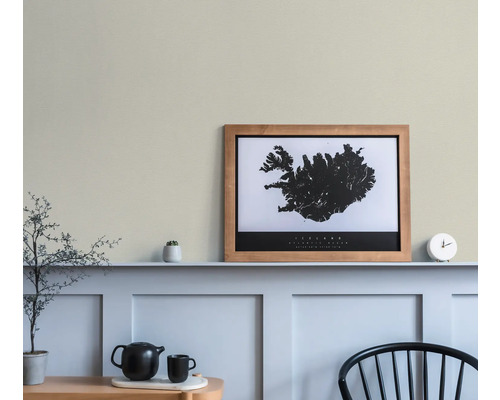 Decoratieve woonkamer met muurverf, IJslandfoto, theepot, klok en plant
