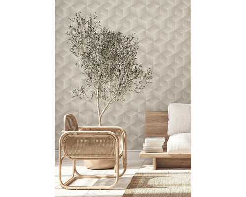 Woonkamer met geometrisch behang, rotan stoelen en olijfboom