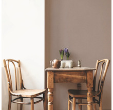 Lichte kamer met houten tafel, theepot, bloempotten en twee stoelen
