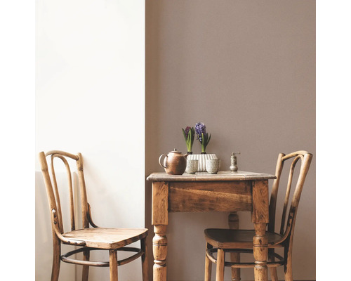 Lichte kamer met houten tafel, theepot, bloempotten en twee stoelen