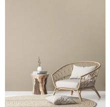 Decoratieve woonkamer met rotan stoel, houten bijzettafel en rond vloerkleed