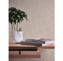 Decoratieve opstelling met plant, boeken en wandstructuur op een houten tafel