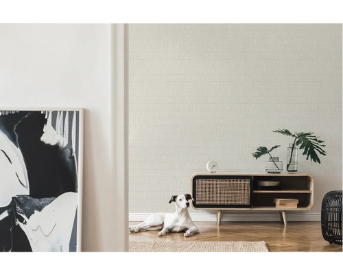 Lichte woonkamer met patroonbehang, dressoir en hond