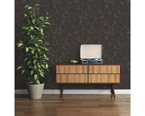 Woonkamerscène met plant in pot, platenspeler en houten dressoir